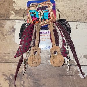 Leather Earrings funky music feathers.